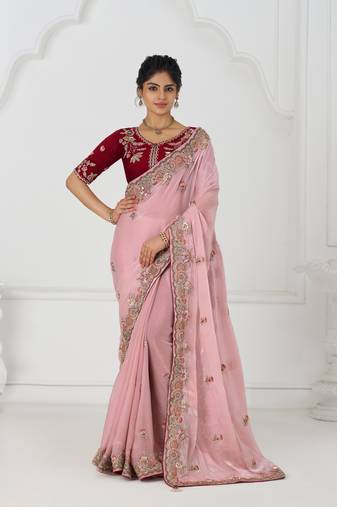 pink zari and sequin rich fendi silk blend saree