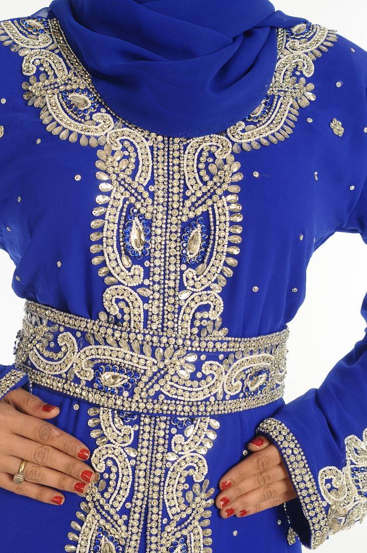 Royal blue embroidered georgette islamic kaftan