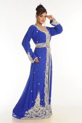 Royal blue embroidered georgette islamic kaftan 3