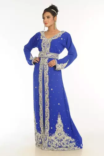 Royal blue embroidered georgette islamic kaftan