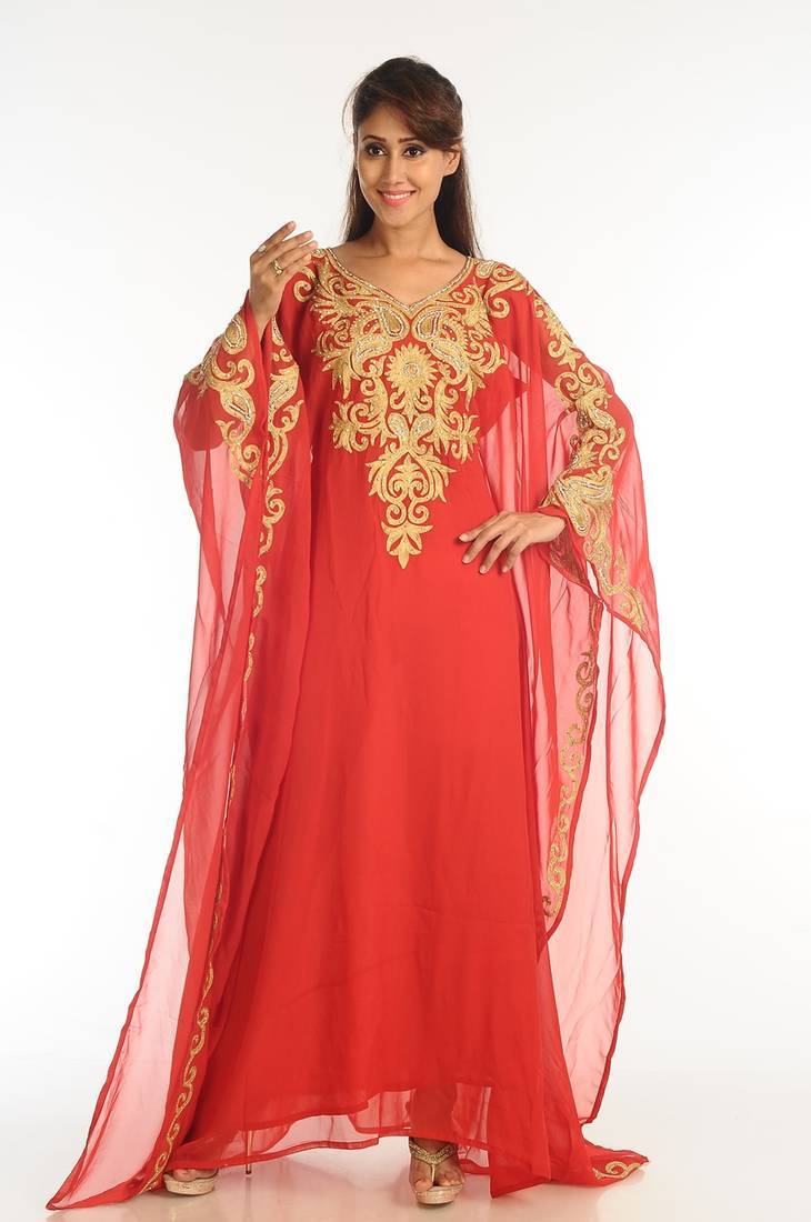 Red georgette kaftan with zari work