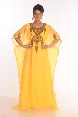 Yellow moroccan kaftan farasha abaya maxi modern fancy floor length dress 1
