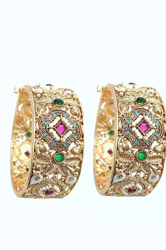  meenakari gold plated broad screw openable set of 2 bangles