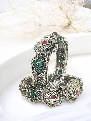  set of 2 silver oxidised stone studded cuff bracelet bangles 1