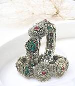  set of 2 silver oxidised stone studded cuff bracelet bangles