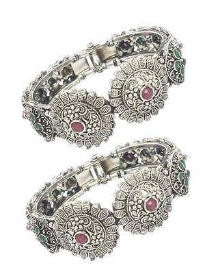  set of 2 silver oxidised stone studded cuff bracelet bangles 2