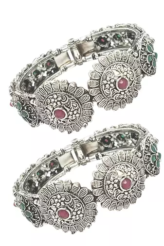  set of 2 silver oxidised stone studded cuff bracelet bangles