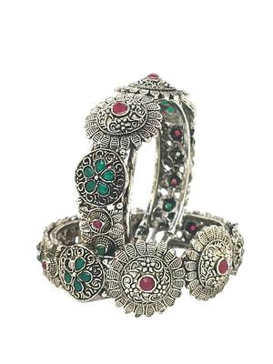  set of 2 silver oxidised stone studded cuff bracelet bangles 3