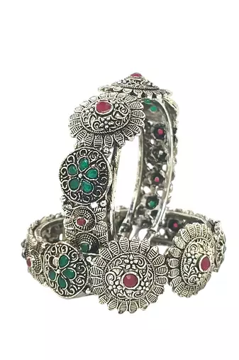  set of 2 silver oxidised stone studded cuff bracelet bangles