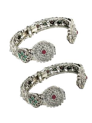  set of 2 silver oxidised stone studded cuff bracelet bangles 4
