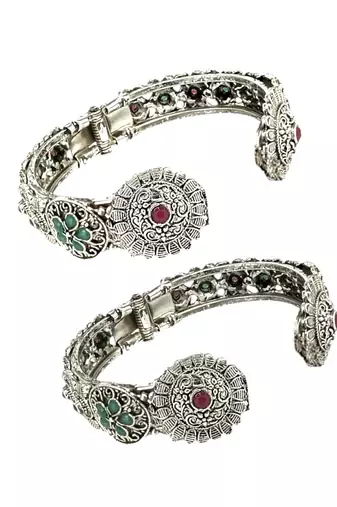  set of 2 silver oxidised stone studded cuff bracelet bangles
