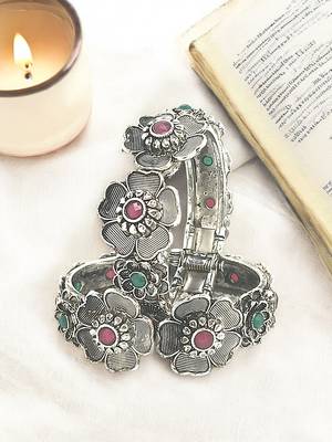  set of 2 silver oxidised stone studded cuff bracelet bangles 1