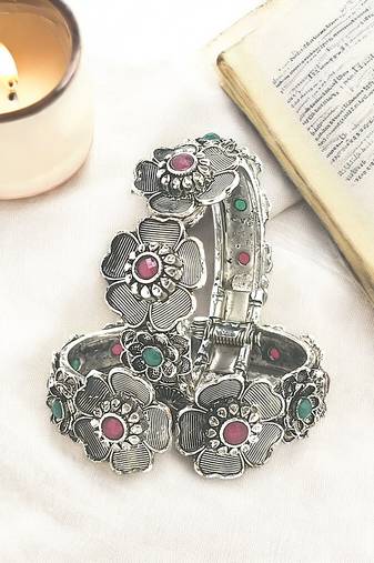  set of 2 silver oxidised stone studded cuff bracelet bangles