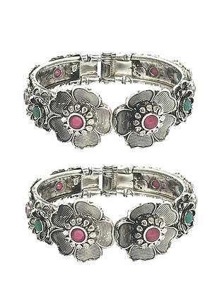  set of 2 silver oxidised stone studded cuff bracelet bangles 2