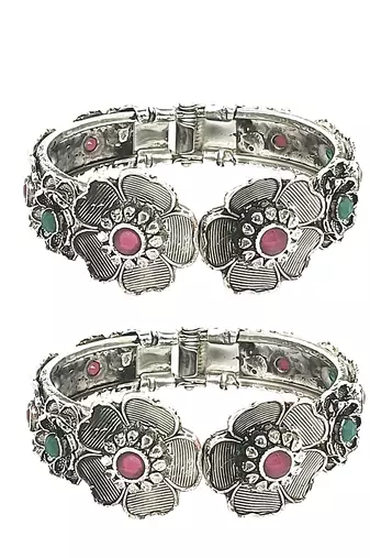  set of 2 silver oxidised stone studded cuff bracelet bangles