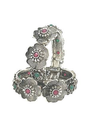  set of 2 silver oxidised stone studded cuff bracelet bangles 3