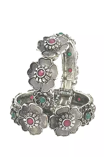  set of 2 silver oxidised stone studded cuff bracelet bangles