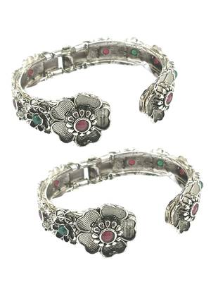  set of 2 silver oxidised stone studded cuff bracelet bangles 4
