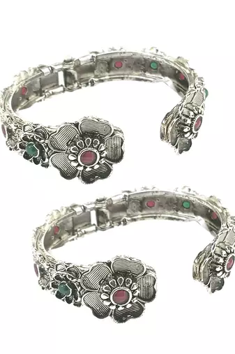  set of 2 silver oxidised stone studded cuff bracelet bangles