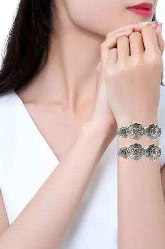  set of 2 silver oxidised stone studded cuff bracelet bangles