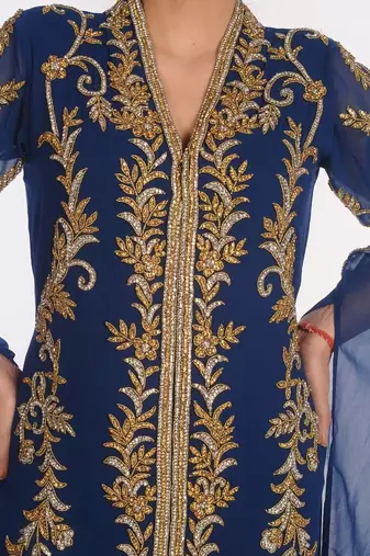 Blue kaftan moroccan farasha abaya maxi modern fancy floor length dress