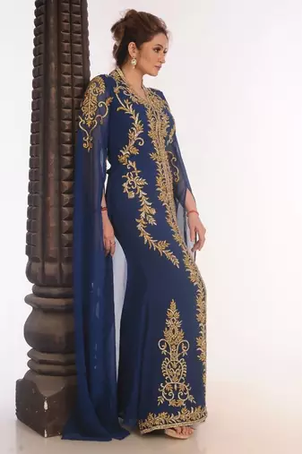 Blue kaftan moroccan farasha abaya maxi modern fancy floor length dress