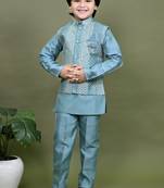 Boys cotton silk embroidered sequined kurta pyjama and waistcoat set