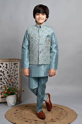Boys cotton silk dori embroidered sequins kurta pyjama with waistcoat set 1