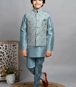 Boys cotton silk dori embroidered sequins kurta pyjama with waistcoat set