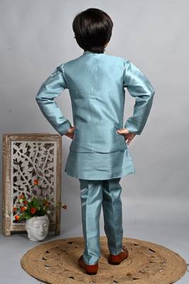 Boys cotton silk dori embroidered sequins kurta pyjama with waistcoat set 2