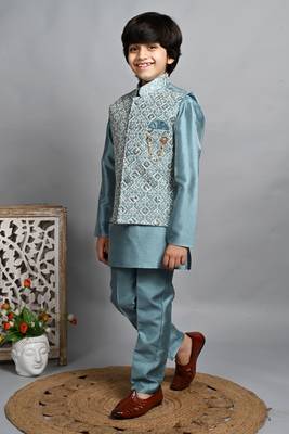 Boys cotton silk dori embroidered sequins kurta pyjama with waistcoat set 3