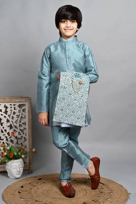 Boys cotton silk dori embroidered sequins kurta pyjama with waistcoat set 4
