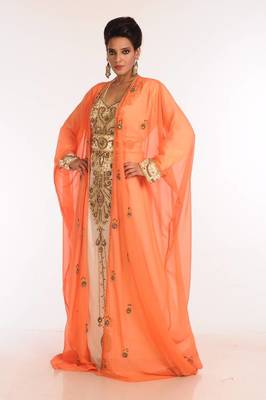 Inner cream and jacket orange embroidered georgette islamic kaftan 1