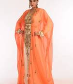 Inner cream and jacket orange embroidered georgette islamic kaftan