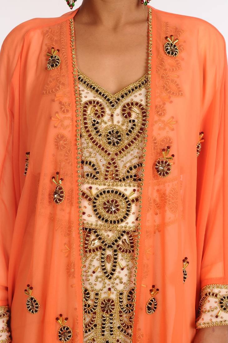 Inner cream and jacket orange embroidered georgette islamic kaftan