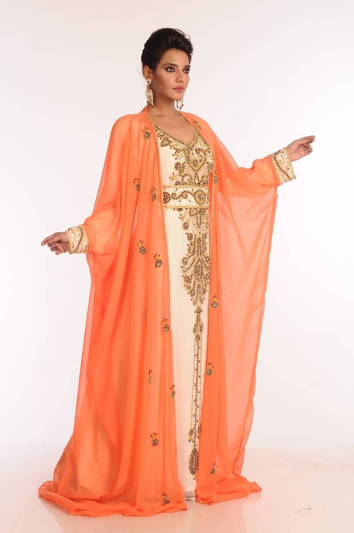 Inner cream and jacket orange embroidered georgette islamic kaftan