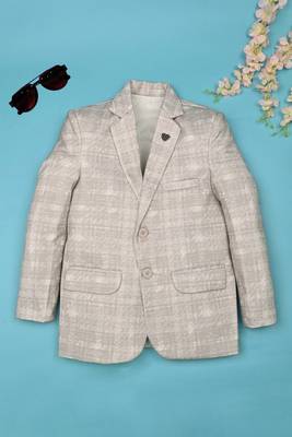 Brown lycra blend full sleeves crosshatch printed blazer for boys 1