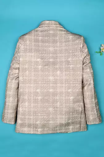 Brown lycra blend full sleeves crosshatch printed blazer for boys