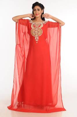 Red zari work stones & beads embellish georgette islamic style arabian maxi partywear kaftan 1