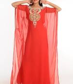Red zari work stones & beads embellish georgette islamic style arabian maxi partywear kaftan