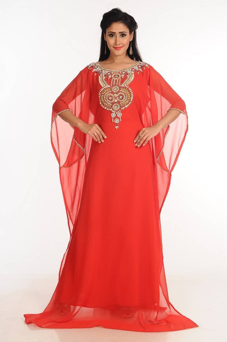 Red zari work stones & beads embellish georgette islamic style arabian maxi partywear kaftan