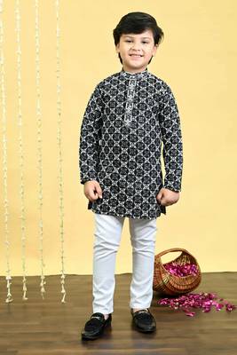 Black viscose rayon embroidered sequinned kurta pyjama set for boys 1