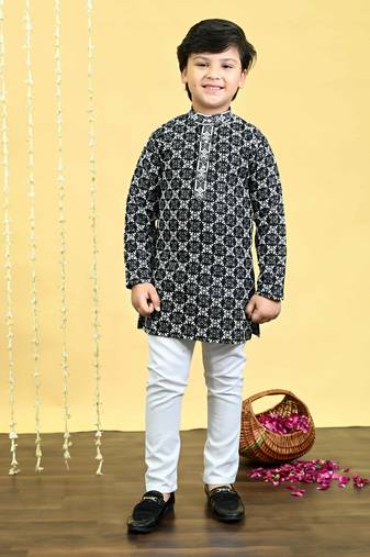 Black viscose rayon embroidered sequinned kurta pyjama set for boys