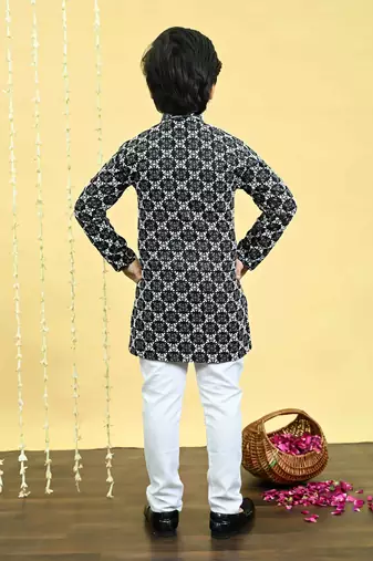 Black viscose rayon embroidered sequinned kurta pyjama set for boys