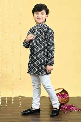 Black viscose rayon embroidered sequinned kurta pyjama set for boys 3