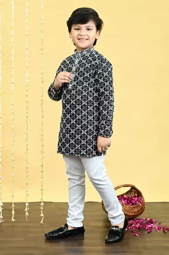 Black viscose rayon embroidered sequinned kurta pyjama set for boys