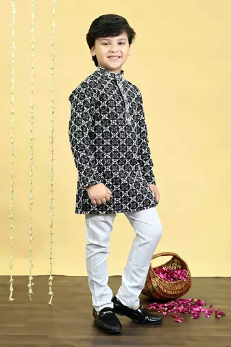 Black viscose rayon embroidered sequinned kurta pyjama set for boys