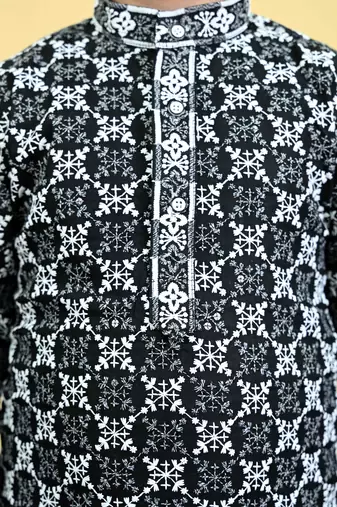 Black viscose rayon embroidered sequinned kurta pyjama set for boys
