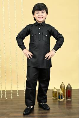 Black cotton blend pathani kurta with salwar set for boys 1
