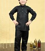 Black cotton blend pathani kurta with salwar set for boys